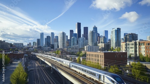 A high-speed train cutting across a skyline during the day, with a mix of modern and traditional buildings surrounding the train's path