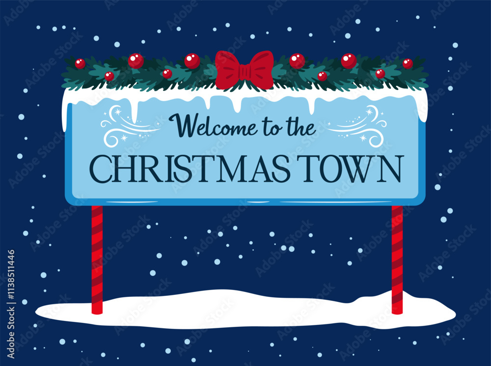 Naklejka premium North Pole welcome road sign with snow and icicles. Holiday vector illustration.