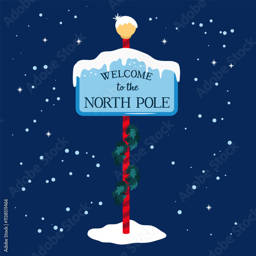 North Pole welcome road sign with snow and icicles. Holiday vector illustration.