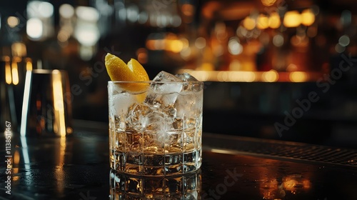 Refreshing Whiskey Cocktail with Ice and Lemon Garnish on a Bar Counter Surrounded by Warm Ambient Lighting and Blurred Background Elements photo