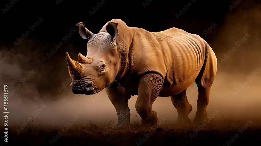 A powerful image of a rhinoceros walking through dense mist, with warm golden lighting highlighting its rough skin texture and imposing horn, creating a dramatic atmosphere A powerful image of a rhinoceros walking through dense mist, with warm golden lighting highlighting its rough skin texture and imposing horn, creating a dramatic atmosphere