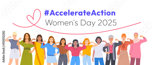 Accelerate Action campaign pose. International Women's Day 2025. Diverse women show solidarity and support to stop discrimination. Collective global activism for women's rights and gender equality