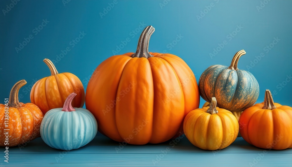 Vibrant Thanksgiving Flat Lay of Assorted Mini Pumpkins and Gourds in White, Orange, and Green on Bright Blue Background with Copy Space. Perfect for Festive Design, Autumn Themes, or Holiday Project Vibrant Thanksgiving Flat Lay of Assorted Mini Pumpkins and Gourds in White, Orange, and Green on Bright Blue Background with Copy Space. Perfect for Festive Design, Autumn Themes, or Holiday Project