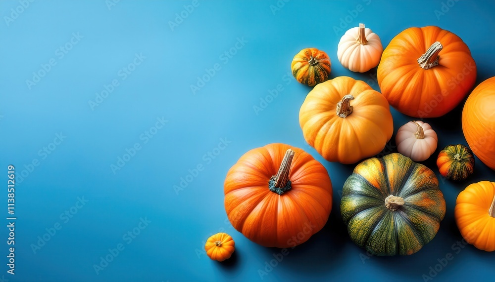 Vibrant Thanksgiving Flat Lay of Assorted Mini Pumpkins and Gourds in White, Orange, and Green on Bright Blue Background with Copy Space. Perfect for Festive Design, Autumn Themes, or Holiday Project Vibrant Thanksgiving Flat Lay of Assorted Mini Pumpkins and Gourds in White, Orange, and Green on Bright Blue Background with Copy Space. Perfect for Festive Design, Autumn Themes, or Holiday Project
