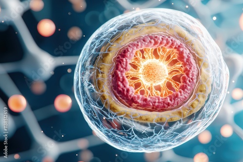 Vibrant cross-section of a cell highlighting organelles in glowing detail symbolizing the dynamic functions within cellular biology photo