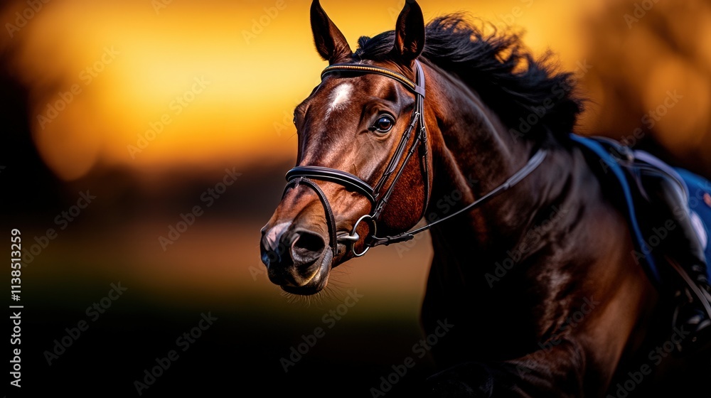 Obraz premium A stunning close-up of an elegant thoroughbred horse in twilight, featuring its shiny coat and bridle, symbolizing the strength and bond between horse and rider.