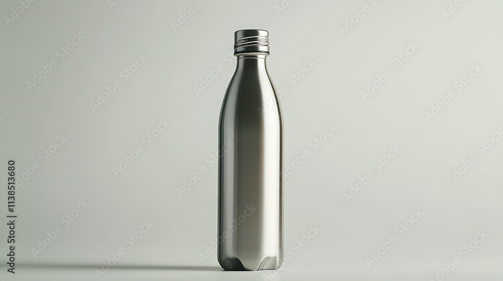 19. A minimal shot of a reusable stainless steel water bottle on a plain white surface 19. A minimal shot of a reusable stainless steel water bottle on a plain white surface