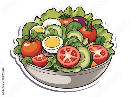 salad bowl with tomatoes, eggs and cucumber, cartoon vector
