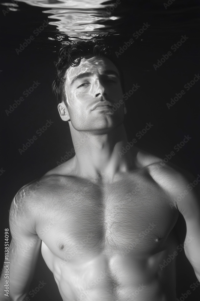 Naklejka premium Monochrome image, model floating under water