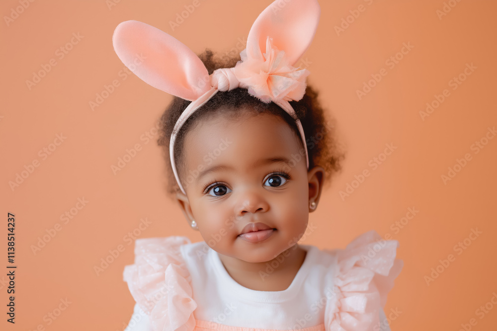 cute toddler girl with bunny ears wearing pink in a cheerful easter themed portrait cute toddler girl with bunny ears wearing pink in a cheerful easter themed portrait