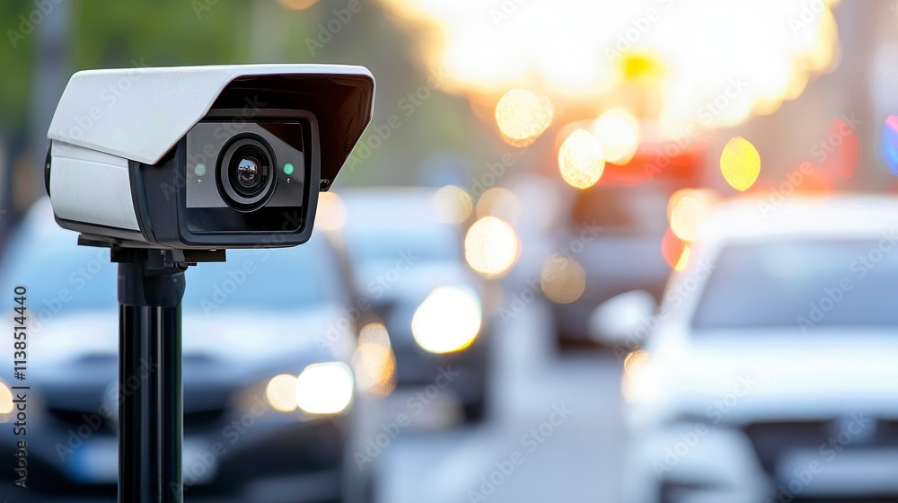 Traffic surveillance camera monitoring vehicles on urban street daytime technology concept for smart cities Traffic surveillance camera monitoring vehicles on urban street daytime technology concept for smart cities