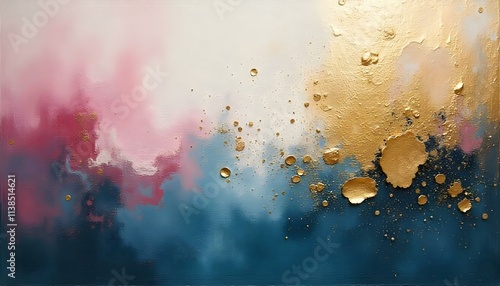 Elegant abstract painting with pink, blue, and gold accents featuring textured splashes, AI Generation