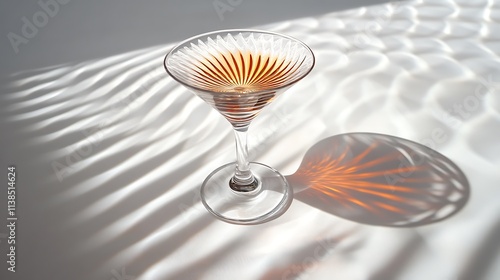 20. A tilted empty drinking glass creating dynamic shadows on a white backdrop
