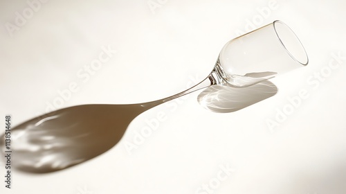 20. A tilted empty drinking glass creating dynamic shadows on a white backdrop