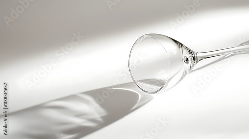 20. A tilted empty drinking glass creating dynamic shadows on a white backdrop