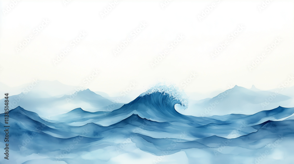 A watercolor wave crashing with soft blues and whites, minimal and clean A watercolor wave crashing with soft blues and whites, minimal and clean