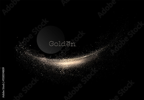 Isolated element golden arc on black background, composition with small shiny tinsel.