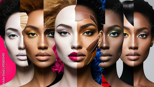 Young woman's portrait made of different pieces of faces, modern art collage. New vision of beauty and fashion, make up, hairstyle, Generative AI