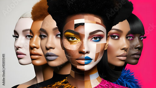 Young woman's portrait made of different pieces of faces, modern art collage. New vision of beauty and fashion, make up, hairstyle, Generative AI