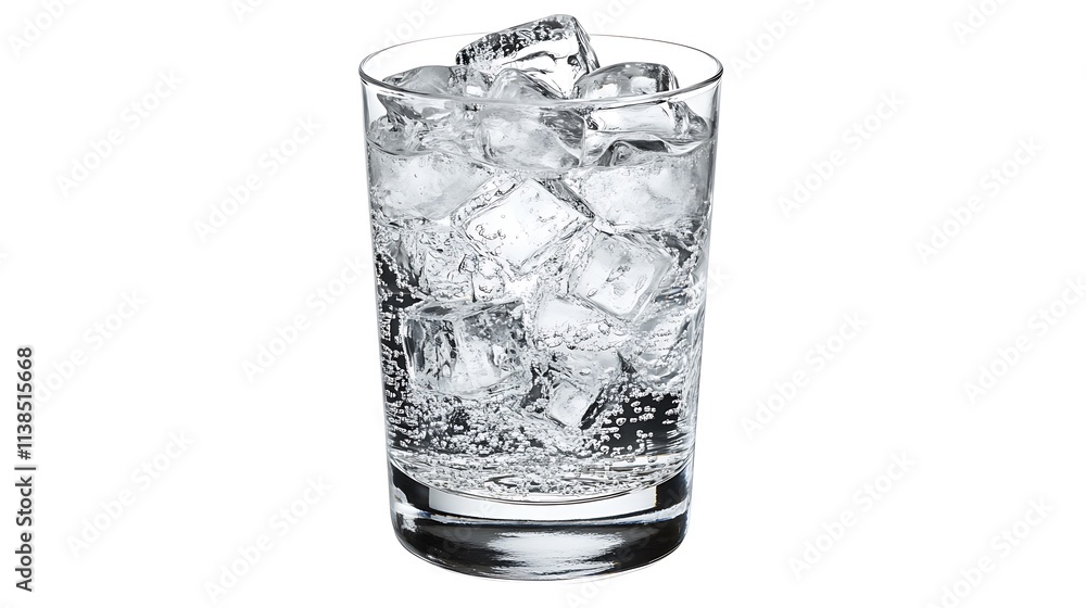 14. A sparkling drinking glass filled with water and ice cubes on a pure white background 14. A sparkling drinking glass filled with water and ice cubes on a pure white background
