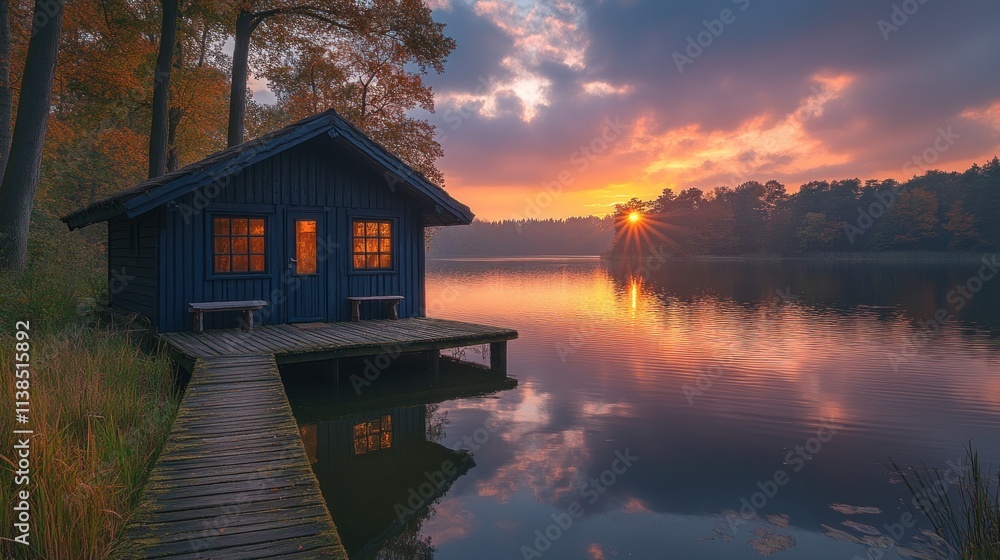 Fototapeta premium Tranquil lakeside scene featuring a blue cabin at sunset.