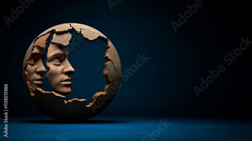 Fractured Identity: A surreal 3D render of a sphere depicting fragmented faces, symbolizing duality, inner conflict, or the multifaceted nature of the human psyche. photo