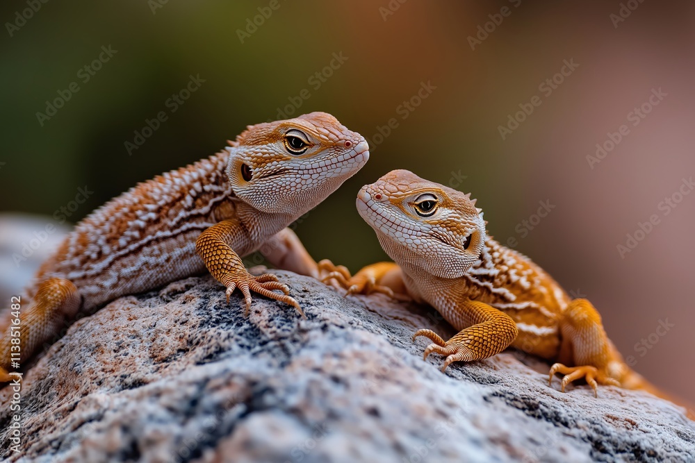 A pair of desert lizards with intricate patterns basking on a sunlit rock, their detailed scales and alert expressions highlighted against a blurred warm-toned background A pair of desert lizards with intricate patterns basking on a sunlit rock, their detailed scales and alert expressions highlighted against a blurred warm-toned background