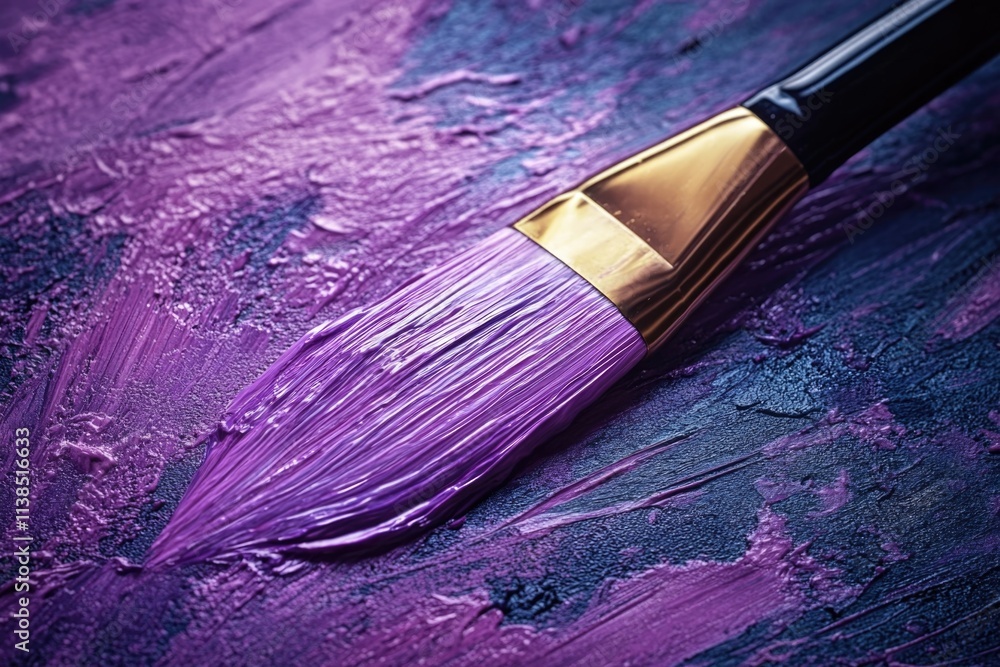 A single purple paint brush on a matching purple surface A single purple paint brush on a matching purple surface