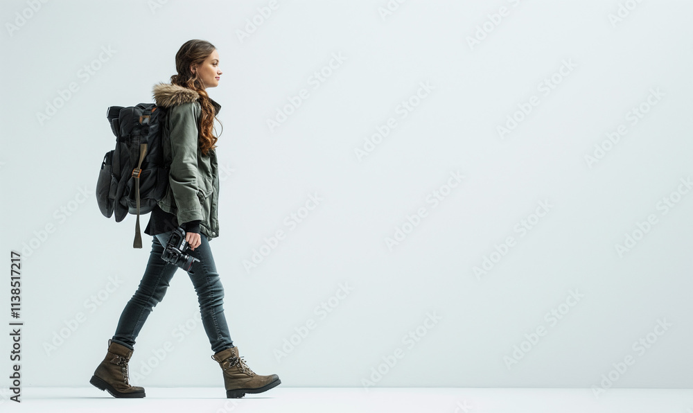 Naklejka premium Professional photographer on a light background. Young beautiful woman photographer. Hipster. Business and travel concept.