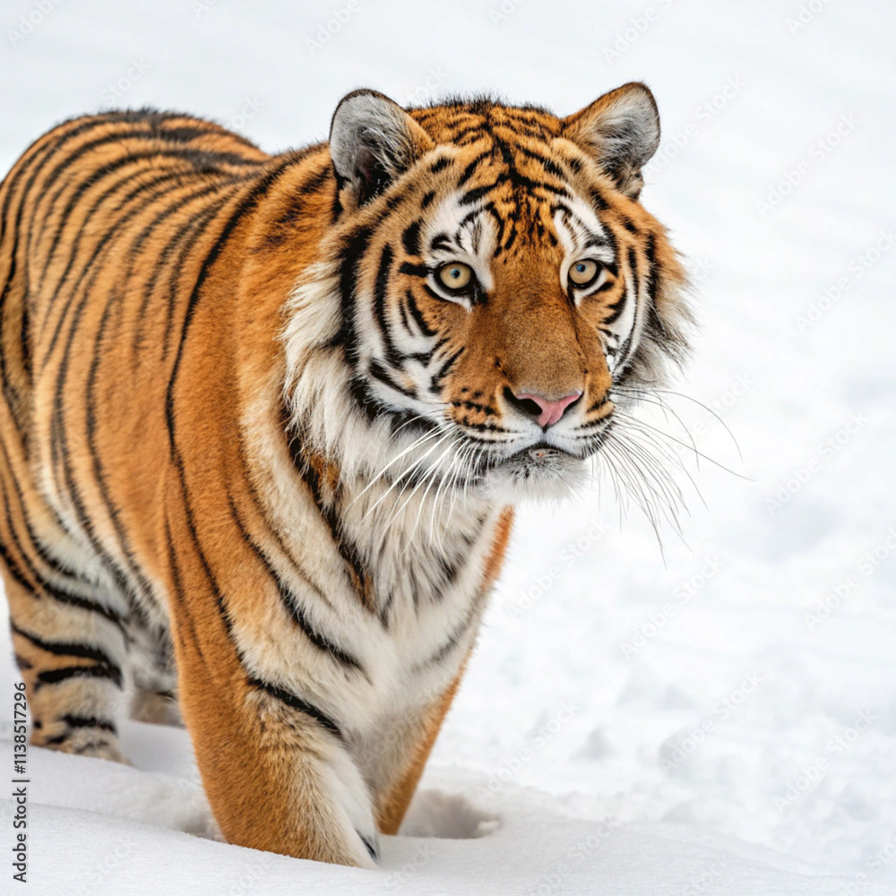 A close-up portrait of a majestic tiger with piercing eyes, isolated on a white background. A close-up portrait of a majestic tiger with piercing eyes, isolated on a white background.