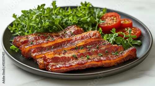 Deliciously Cooked Crispy Bacon Strips Served on Plate with Fresh Greens and Juicy Slices of Tomato Highlighting Flavorful Breakfast Meal Presentation photo