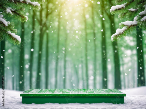 Green Wooden Platform in Snowy Winter Forest