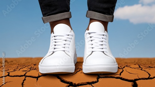 White Sneakers on Cracked Earth: A pair of clean white sneakers stand atop parched earth, symbolizing resilience and a sense of optimism amidst adversity. photo