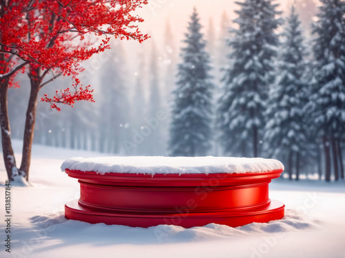 Red Pedestal in Snowy Winter Forest