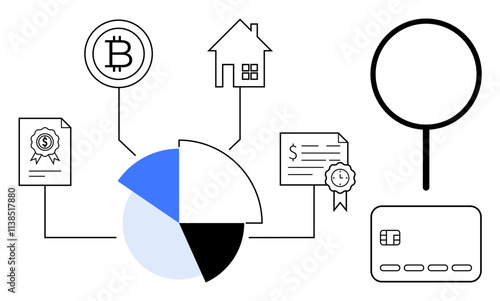 Pie chart linked to Bitcoin, house, magnifying glass, card, and certificates. Ideal for finance, investment, banking real estate cryptocurrency data analysis and credit topics. Line metaphor