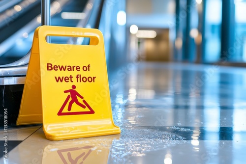 Warning sign for wet floor indoor shopping mall safety notice clean environment eye-level view hazard awareness