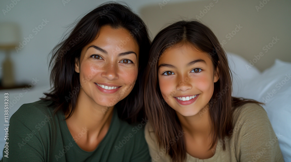 Cinematic Photograph of a Happy Mother and Daughter Smiling Together in a White Bedroom Cinematic Photograph of a Happy Mother and Daughter Smiling Together in a White Bedroom