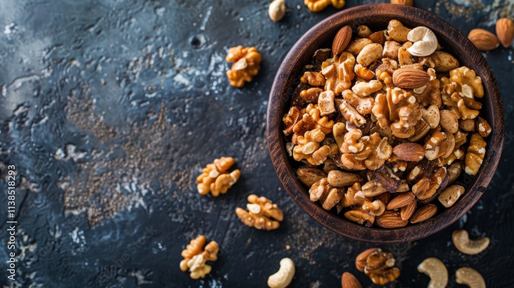 Fototapeta premium Top view of mixed nuts in a rustic bowl on dark background