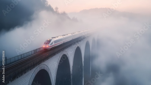 A high-speed train emerging from the morning fog on a railway bridge, with the mist surrounding the scene and the train cutting through the ethereal environment