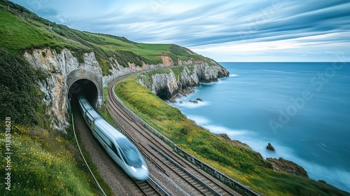 A high-speed train emerging from a tunnel on a coastal track, with the ocean and cliffs coming into view as the train moves into daylight