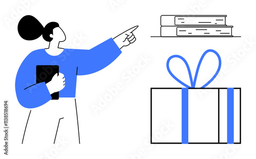 Woman holding a tablet, pointing towards stacked books and a tied gift box. Ideal for education, learning, gifts, celebrations, holidays, knowledge-sharing and online courses. Line metaphor