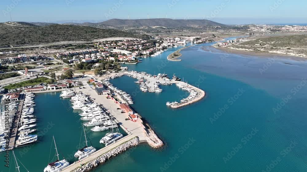 Aerial view of marina yacht club in turkey alacati port. Aerial view of marina yacht club in turkey alacati port.