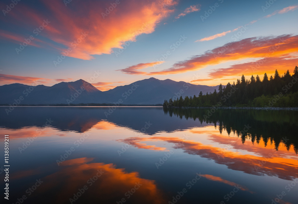 Scenic mountain lake reflecting colorful sunset sky Scenic mountain lake reflecting colorful sunset sky