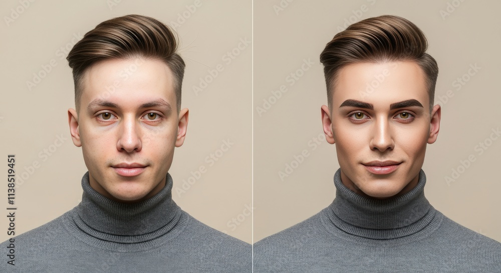 Male transformation concept featuring before after comparison with enhanced makeup for fashion or cosmetics Male transformation concept featuring before after comparison with enhanced makeup for fashion or cosmetics