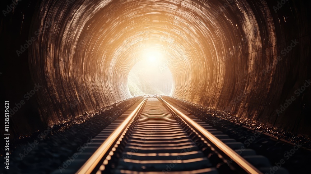 Obraz premium A high-speed train exiting a tunnel, with the sharp contrast of light flooding in from the bright open landscape creating a stunning visual effect