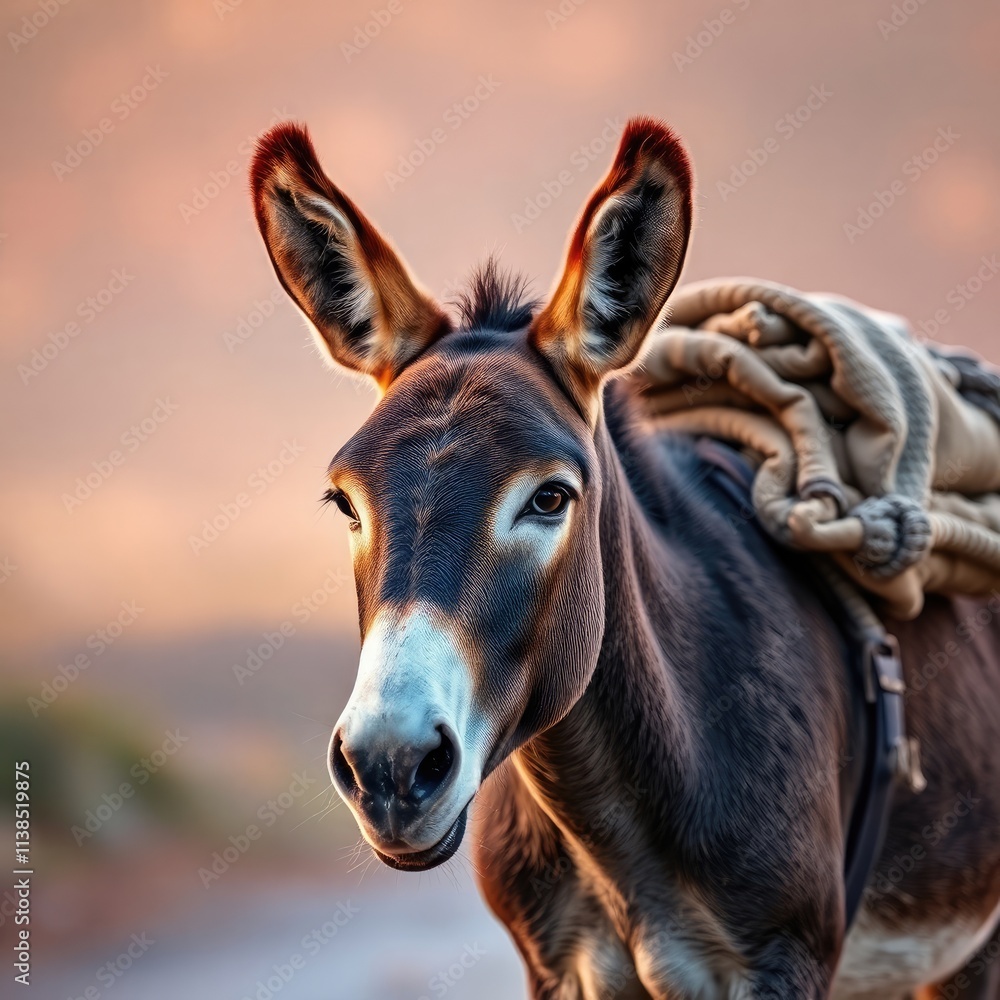 Fototapeta premium A sturdy donkey treads carefully along a winding path, its load secured and ready for the journey. Soft twilight embraces the landscape, casting warm tones