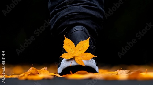 Autumn Steps: A single yellow maple leaf rests on a black sneaker, a fleeting moment of autumn beauty captured in a close-up shot. photo