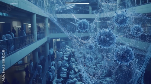 virus structure interwoven with an image of a crowded hospital, where patients are being attended to in an overwhelming medical emergency. [virus]:[epidemic] 