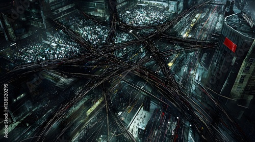 virus structure interwoven with an image of a crowded hospital, where patients are being attended to in an overwhelming medical emergency. [virus]:[epidemic] 