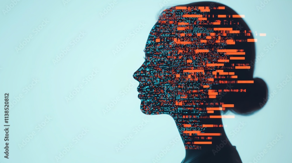 A profile silhouette combined with digital code representing artificial intelligence. A profile silhouette combined with digital code representing artificial intelligence.